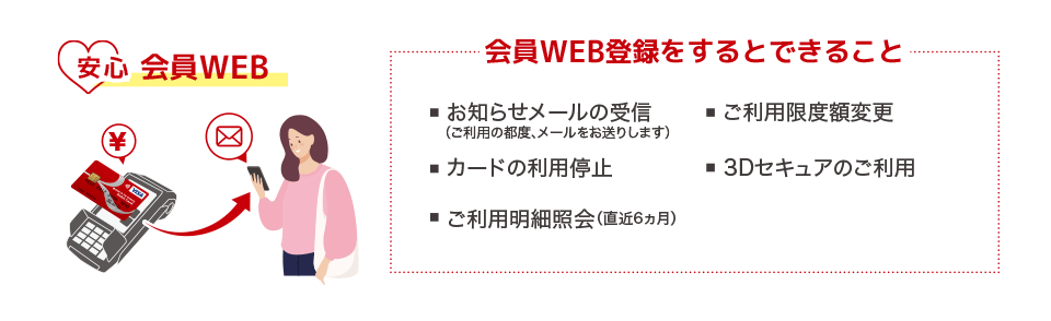 ❤️安心 会員WEB｜【会員WEB登録をするとできること】■お知らせメールの受信（ご利用の都度、メールをお送りします）■ご利用限度額変更　■カードの利用停止　■本人認証サービスの登録（ネット上でお買い物をする際に使用するパスワードおよび合言葉の登録）　■ご利用明細照会（直近6ヵ月）